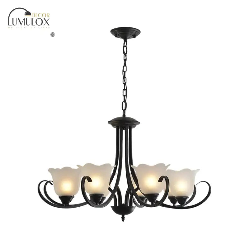 Opal Frosted Glass Black Chandelier Floral 3/8/9-Light Farmhouse Ceiling Pendant Lamp with Scrolling Arm