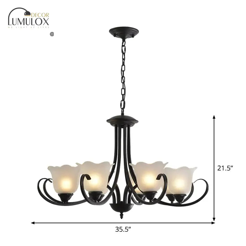 Opal Frosted Glass Black Chandelier Floral 3/8/9-Light Farmhouse Ceiling Pendant Lamp with Scrolling Arm