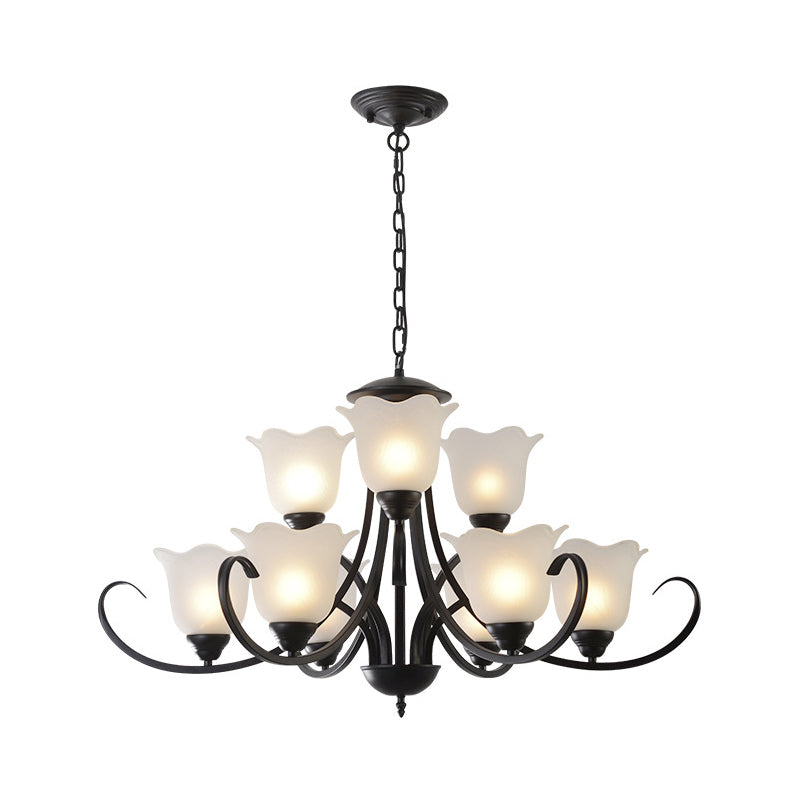 Opal Frosted Glass Black Chandelier - Farmhouse Ceiling Pendant Lamp (3/8/9-Light) With Scrolling