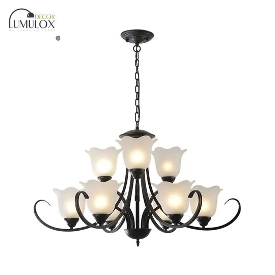 Opal Frosted Glass Black Chandelier Floral 3/8/9-Light Farmhouse Ceiling Pendant Lamp with Scrolling Arm