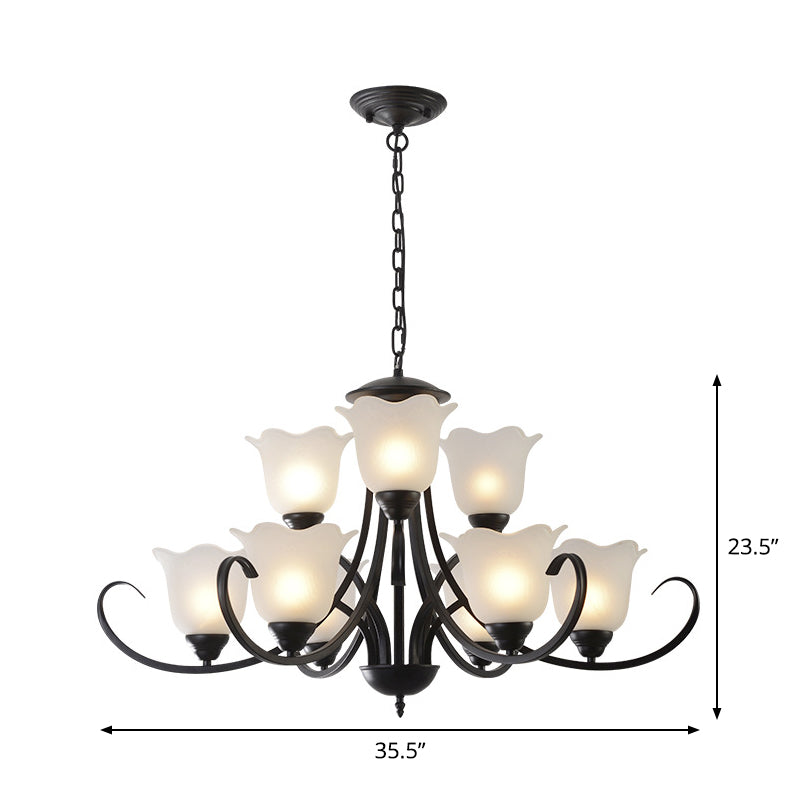 Opal Frosted Glass Black Chandelier - Farmhouse Ceiling Pendant Lamp (3/8/9-Light) With Scrolling