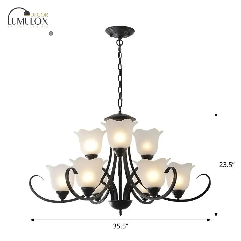 Opal Frosted Glass Black Chandelier Floral 3/8/9-Light Farmhouse Ceiling Pendant Lamp with Scrolling Arm