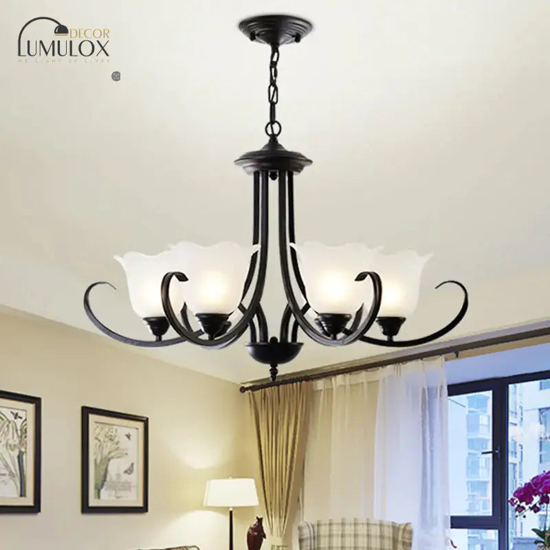 Opal Frosted Glass Black Chandelier Floral 3/8/9-Light Farmhouse Ceiling Pendant Lamp with Scrolling Arm