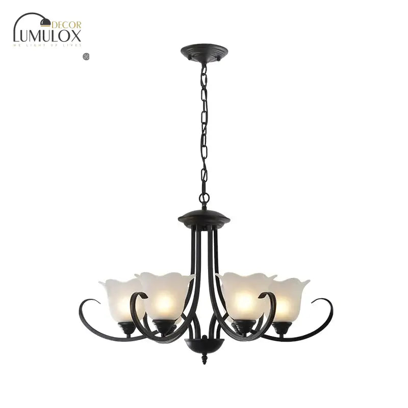 Opal Frosted Glass Black Chandelier Floral 3/8/9-Light Farmhouse Ceiling Pendant Lamp with Scrolling Arm