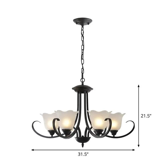 Opal Frosted Glass Black Chandelier Floral 3/8/9-Light Farmhouse Ceiling Pendant Lamp with Scrolling Arm