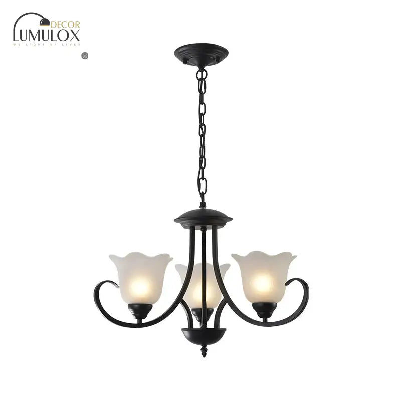 Opal Frosted Glass Black Chandelier Floral 3/8/9-Light Farmhouse Ceiling Pendant Lamp with Scrolling Arm