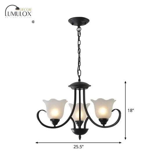 Opal Frosted Glass Black Chandelier Floral 3/8/9-Light Farmhouse Ceiling Pendant Lamp with Scrolling Arm