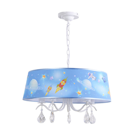 Blue Creative Planet & Rocket Hanging Pendant Chandelier With Clear Crystal For Baby Room