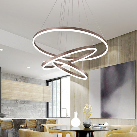 Sleek 2/3 Tiers Aluminum Led Chandelier: Minimalistic White/Coffee Pendant Light Fixture For Dining