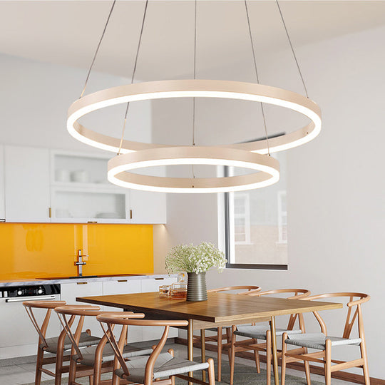 Sleek 2/3 Tiers Aluminum Led Chandelier: Minimalistic White/Coffee Pendant Light Fixture For Dining