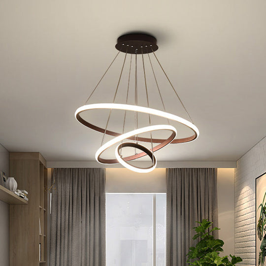 Contemporary Round Pendant LED Chandelier for Dining Room in White/Coffee - 2/3 Tier Design