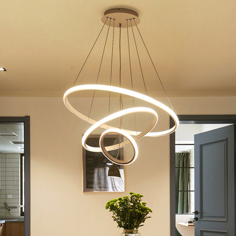 Contemporary Round Pendant LED Chandelier for Dining Room in White/Coffee - 2/3 Tier Design