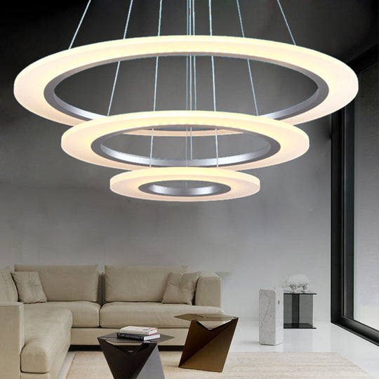 Minimalist 3-Layer Round Pendant Led Chandelier For Living Room - Silver