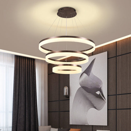 Minimalistic Acrylic LED Pendant Light Kit - Circle Chandelier in Brown for Bedroom - Choose 1 to 3 Tiers