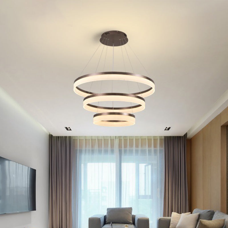 Minimalistic Acrylic LED Pendant Light Kit - Circle Chandelier in Brown for Bedroom - Choose 1 to 3 Tiers