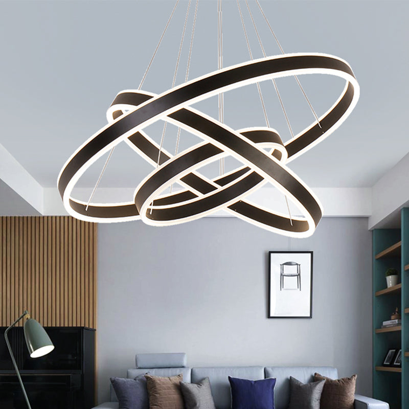 Modern Aluminum Led Pendant Chandelier For Bedroom Ceiling - 2/3-Tier Hoop Design In Black / 3 Tiers