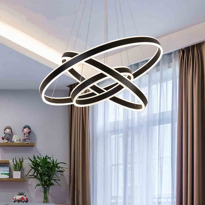 Modern Aluminum Led Pendant Chandelier For Bedroom Ceiling - 2/3-Tier Hoop Design In Black