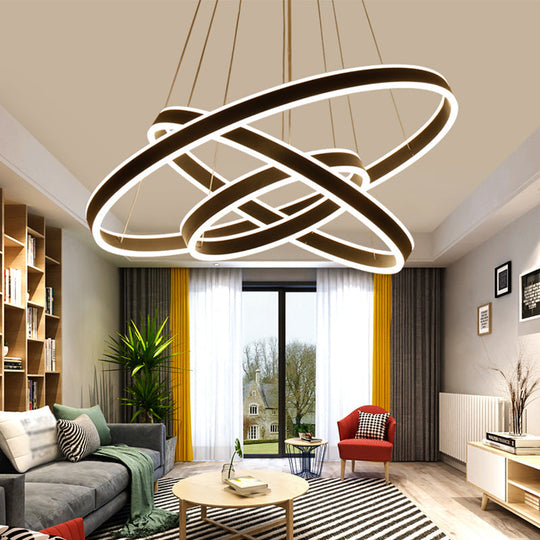 Modern Aluminum Led Pendant Chandelier For Bedroom Ceiling - 2/3-Tier Hoop Design In Black