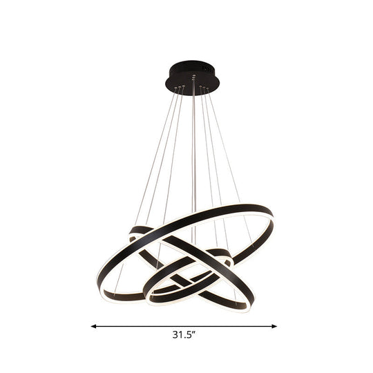 Modern Aluminum Led Pendant Chandelier For Bedroom Ceiling - 2/3-Tier Hoop Design In Black