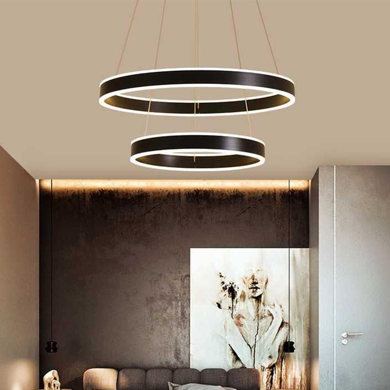 Modern Aluminum Led Pendant Chandelier For Bedroom Ceiling - 2/3-Tier Hoop Design In Black / 2 Tiers