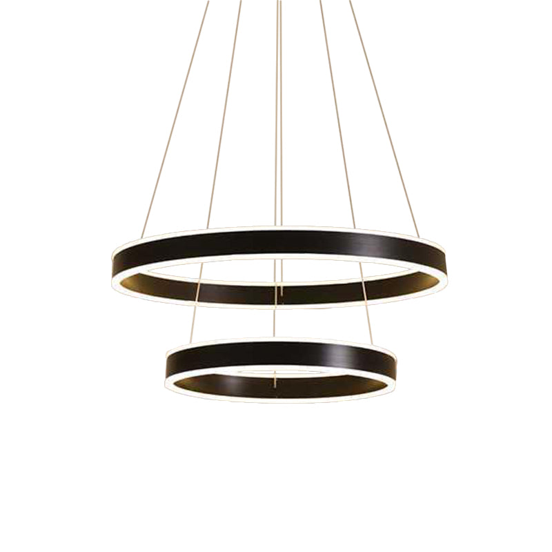 Modern Aluminum Led Pendant Chandelier For Bedroom Ceiling - 2/3-Tier Hoop Design In Black