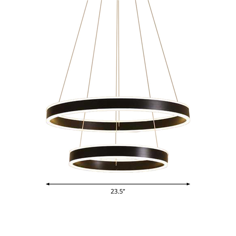 Modern Aluminum Led Pendant Chandelier For Bedroom Ceiling - 2/3-Tier Hoop Design In Black