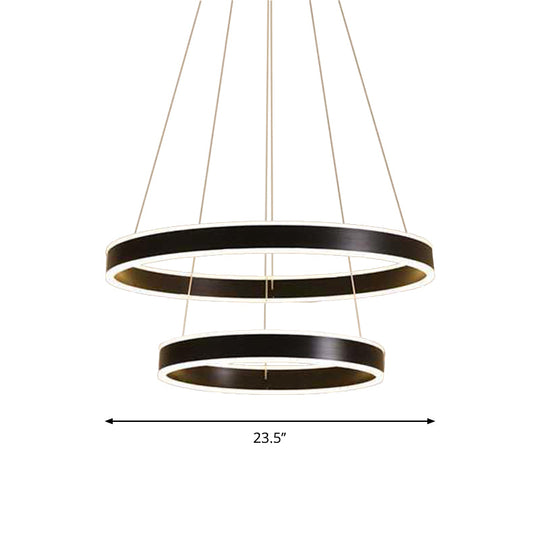 Modern Aluminum Led Pendant Chandelier For Bedroom Ceiling - 2/3-Tier Hoop Design In Black