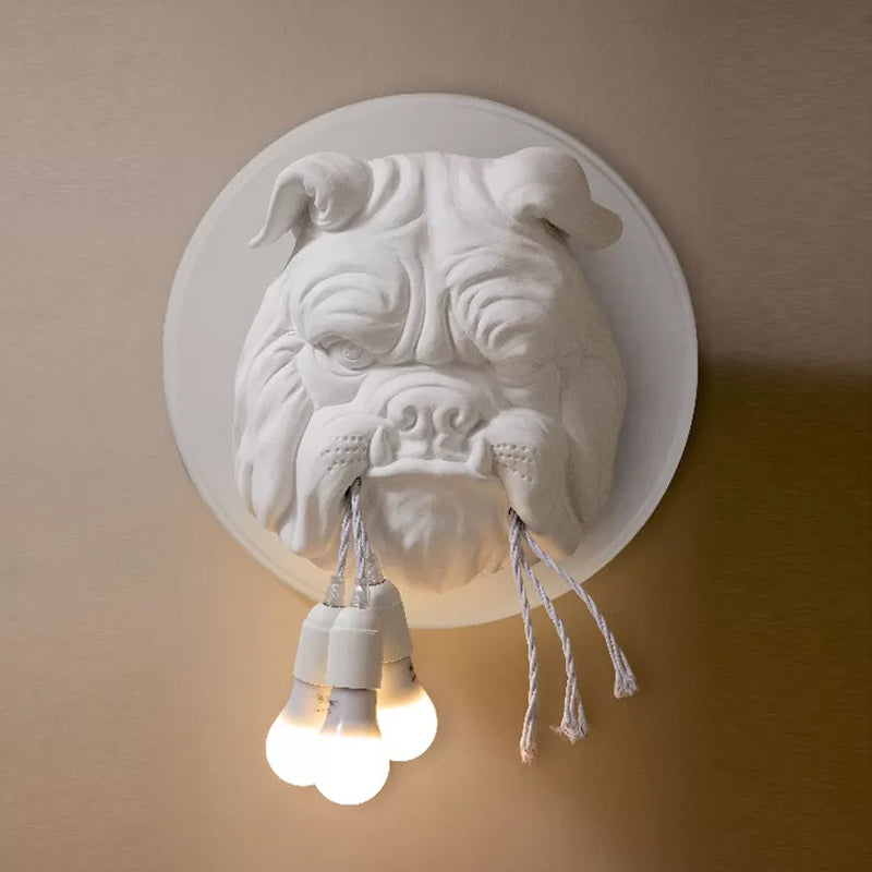 Artistic Bulldog Head Wall Lamp - White/Black 3 Resin Heads Bathroom Mount