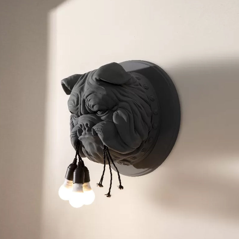 Artistic Bulldog Head Wall Lamp - White/Black 3 Resin Heads Bathroom Mount