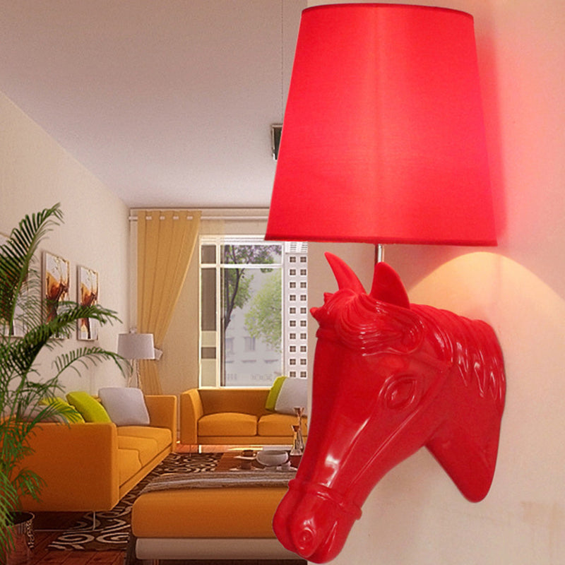 Artistic Resin Horse Head Wall Lamp: 1-Bulb Sconce Light With Tapered Fabric Shade - Black/White/Red