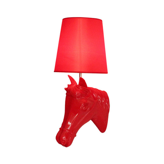 Artistic Resin Horse Head Wall Lamp: 1-Bulb Sconce Light With Tapered Fabric Shade - Black/White/Red