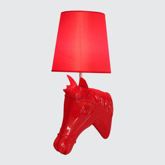 Artistic Resin Horse Head Wall Lamp: 1-Bulb Sconce Light With Tapered Fabric Shade - Black/White/Red