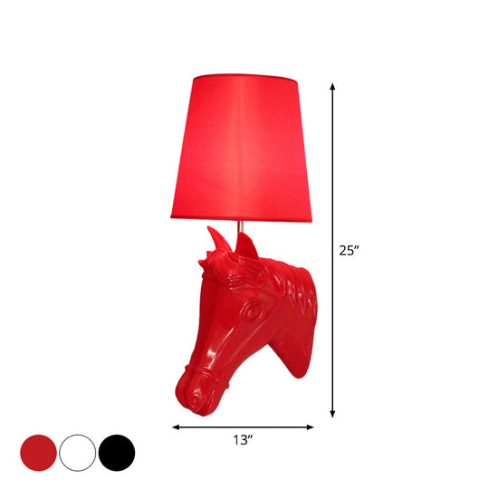 Artistic Resin Horse Head Wall Lamp: 1-Bulb Sconce Light With Tapered Fabric Shade - Black/White/Red