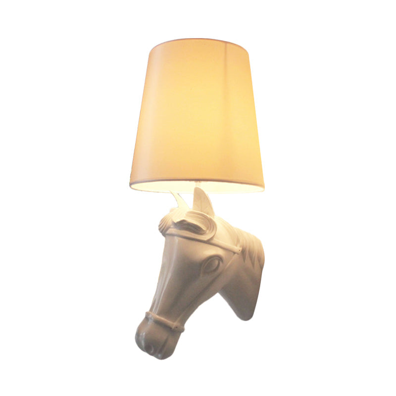 Artistic Resin Horse Head Wall Lamp: 1-Bulb Sconce Light With Tapered Fabric Shade - Black/White/Red