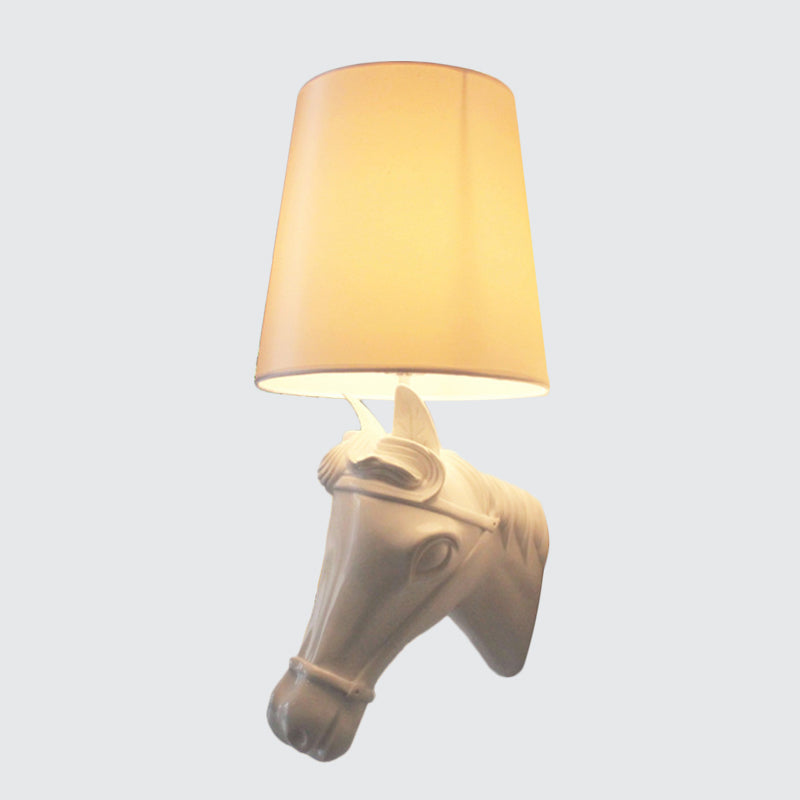 Artistic Resin Horse Head Wall Lamp: 1-Bulb Sconce Light With Tapered Fabric Shade - Black/White/Red