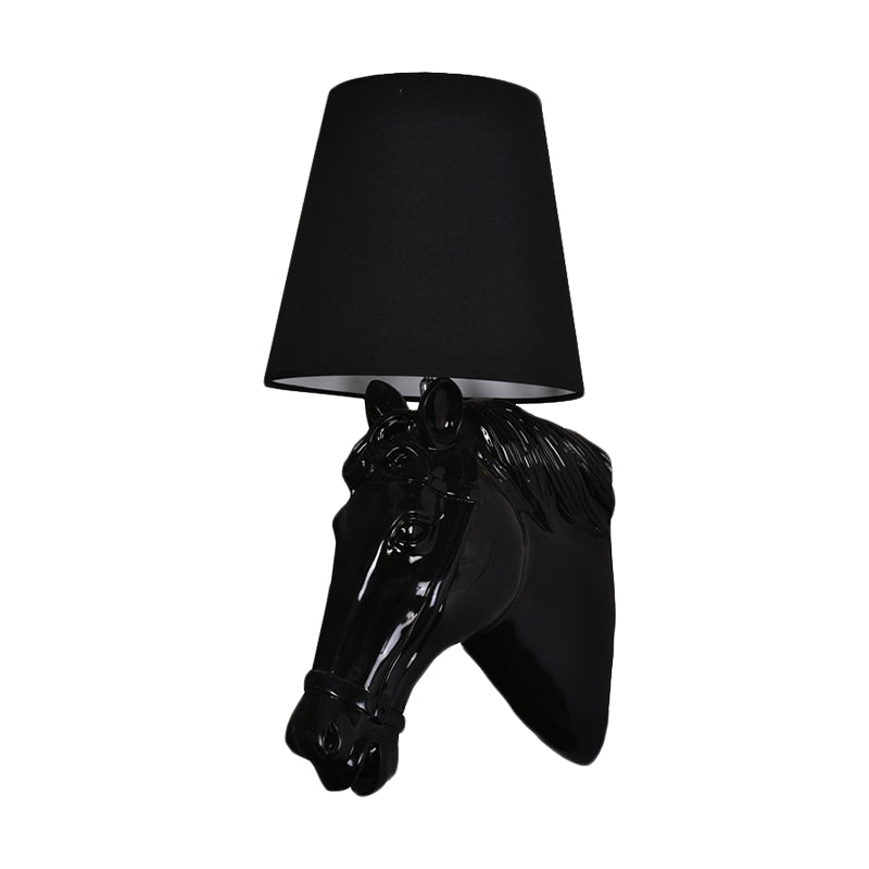 Artistic Resin Horse Head Wall Lamp: 1-Bulb Sconce Light With Tapered Fabric Shade - Black/White/Red