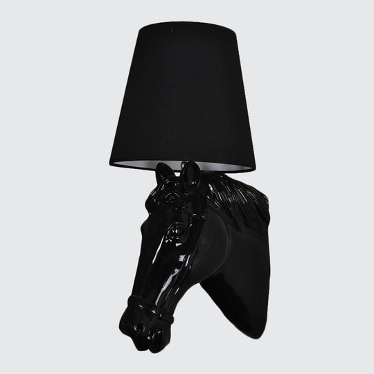 Artistic Resin Horse Head Wall Lamp: 1-Bulb Sconce Light With Tapered Fabric Shade - Black/White/Red