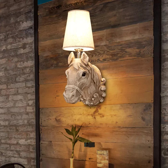 Art Deco Horse Head Wall Sconce 1-Light Restaurant Mounted Light - Brown Resin With Cone Shade