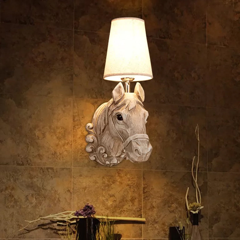 Art Deco Horse Head Wall Sconce 1-Light Restaurant Mounted Light - Brown Resin With Cone Shade