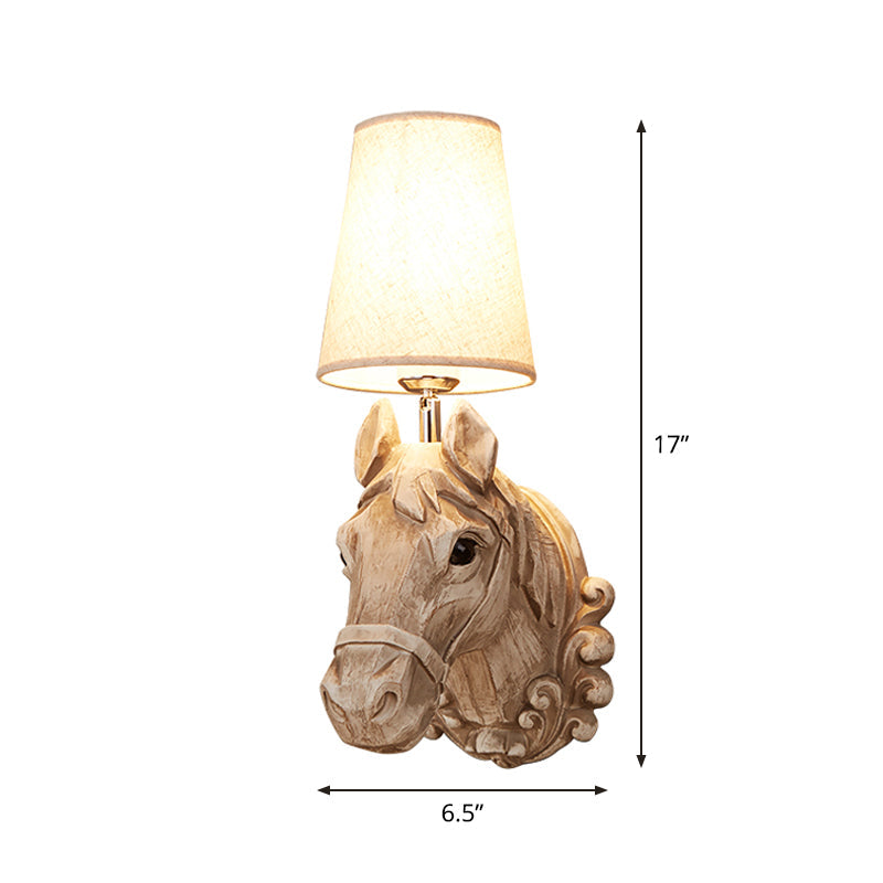 Art Deco Horse Head Wall Sconce 1-Light Restaurant Mounted Light - Brown Resin With Cone Shade