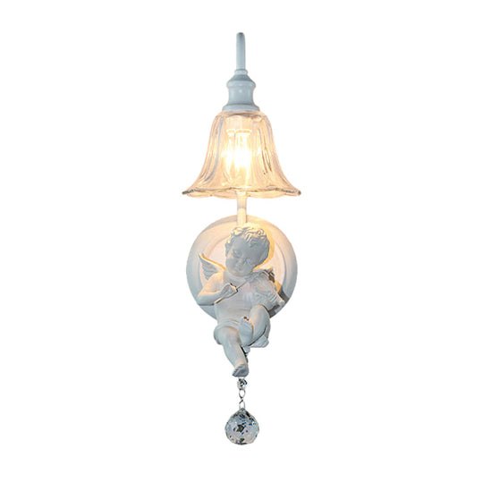 Angel Cream Wall Light Decorative 1-Head Resin Lamp - Flower Glass Shade & Crystal Orb