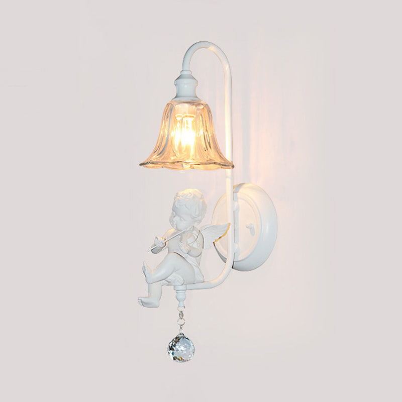 Angel Cream Wall Light Decorative 1-Head Resin Lamp - Flower Glass Shade & Crystal Orb