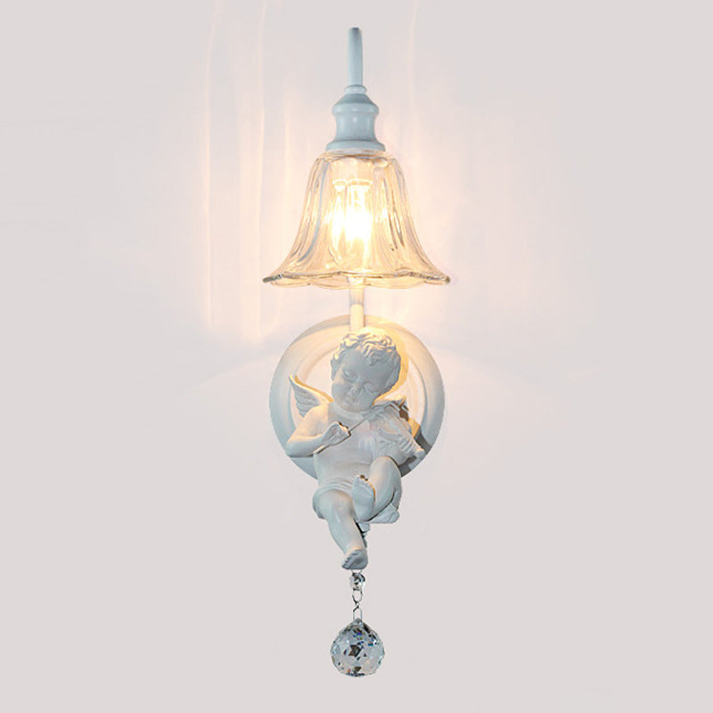 Angel Cream Wall Light Decorative 1-Head Resin Lamp - Flower Glass Shade & Crystal Orb