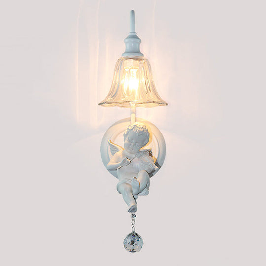 Angel Cream Wall Light Decorative 1-Head Resin Lamp - Flower Glass Shade & Crystal Orb