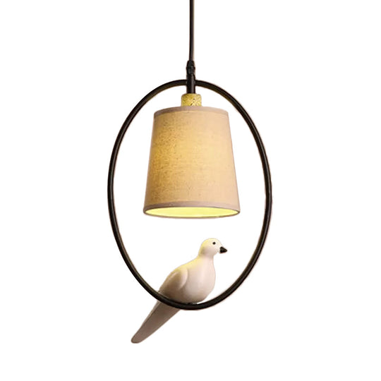 Artistic Fabric Cone Pendant Ceiling Light With Bird Decor White/Black Oval Frame