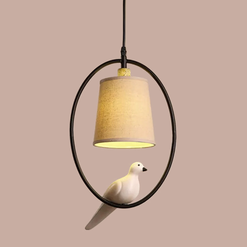 Artistic Fabric Cone Pendant Ceiling Light With Bird Decor White/Black Oval Frame