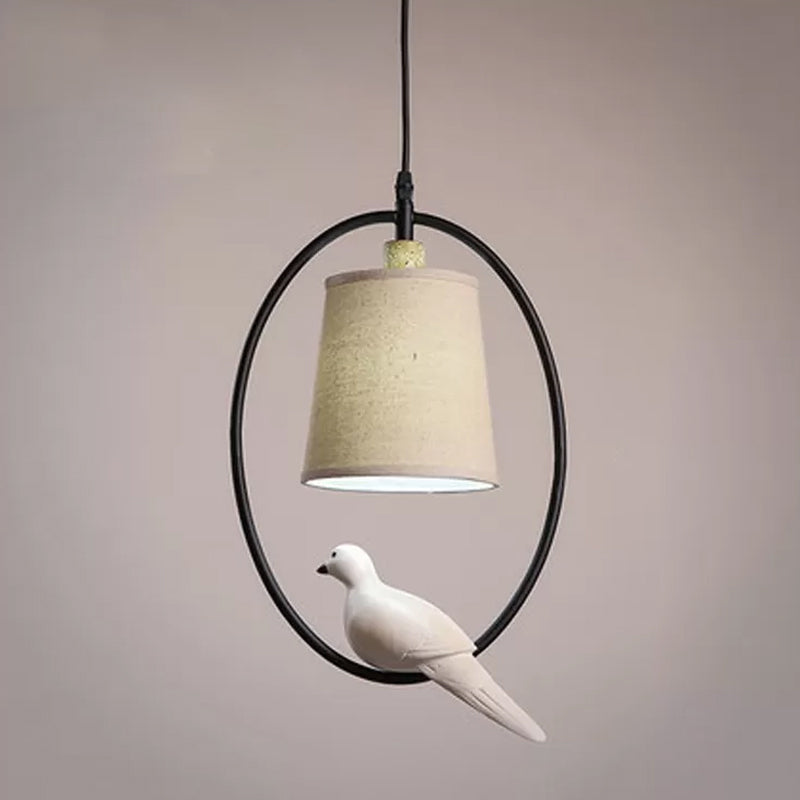 Artistic Fabric Cone Pendant Ceiling Light With Bird Decor White/Black Oval Frame