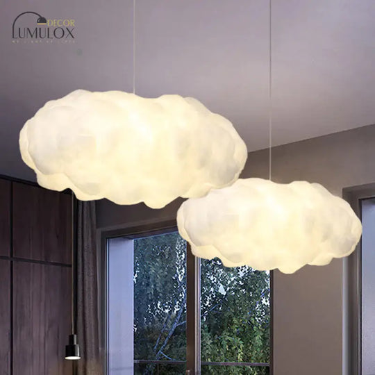 Cloudy Hanging Pendant Light Artistry Fabric 1-Head Living Room Ceiling Light in White