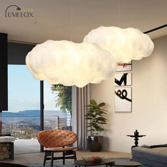 Cloudy Hanging Pendant Light Artistry Fabric 1-Head Living Room Ceiling Light in White