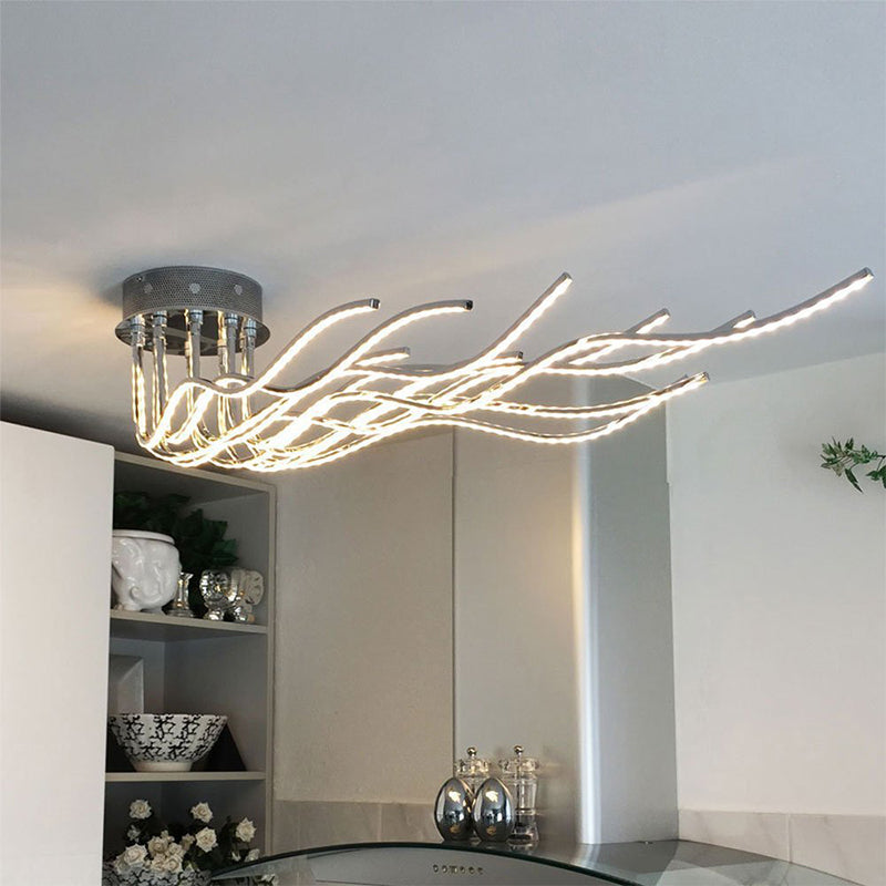 Chrome LED Semi Flush Mount Aluminum Wavy Ceiling Light for Minimalist Interiors